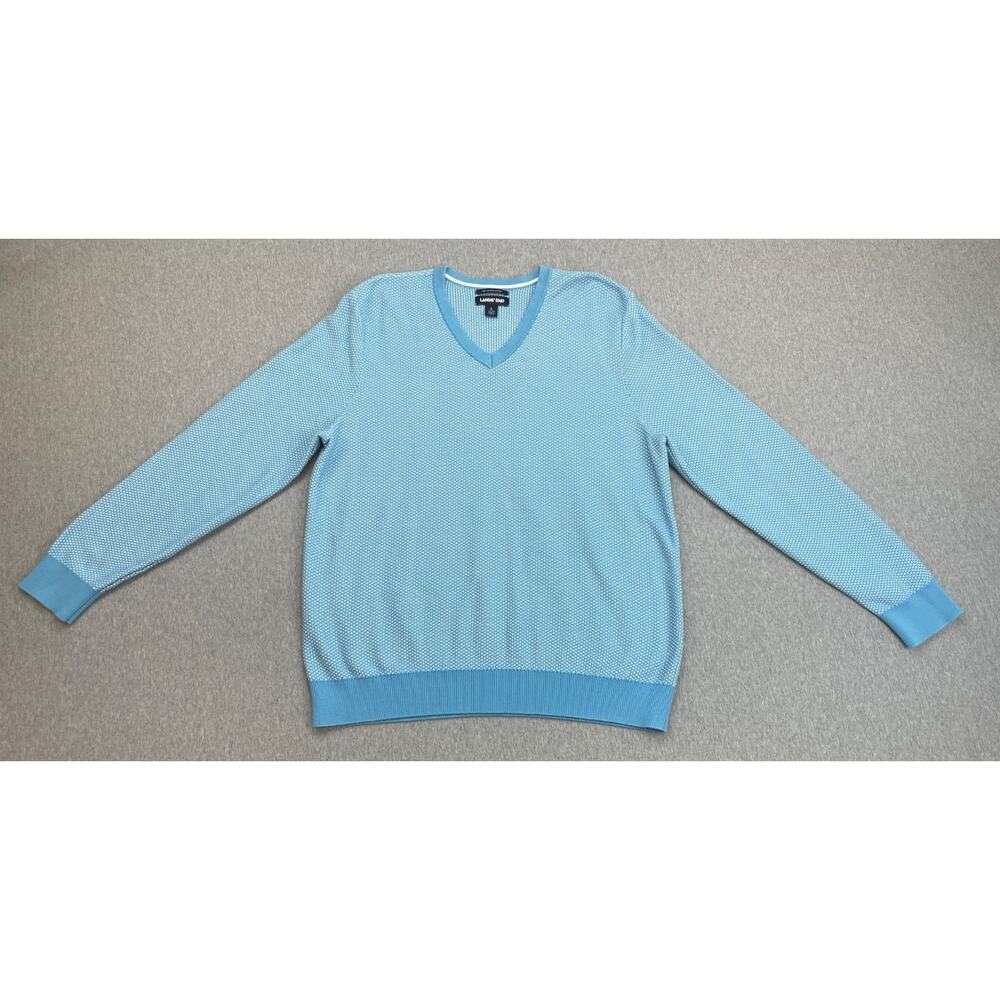 Lands End Sweater Mens L (42-44) Blue Knitted 100% Supima Cotton V Neck Pullover